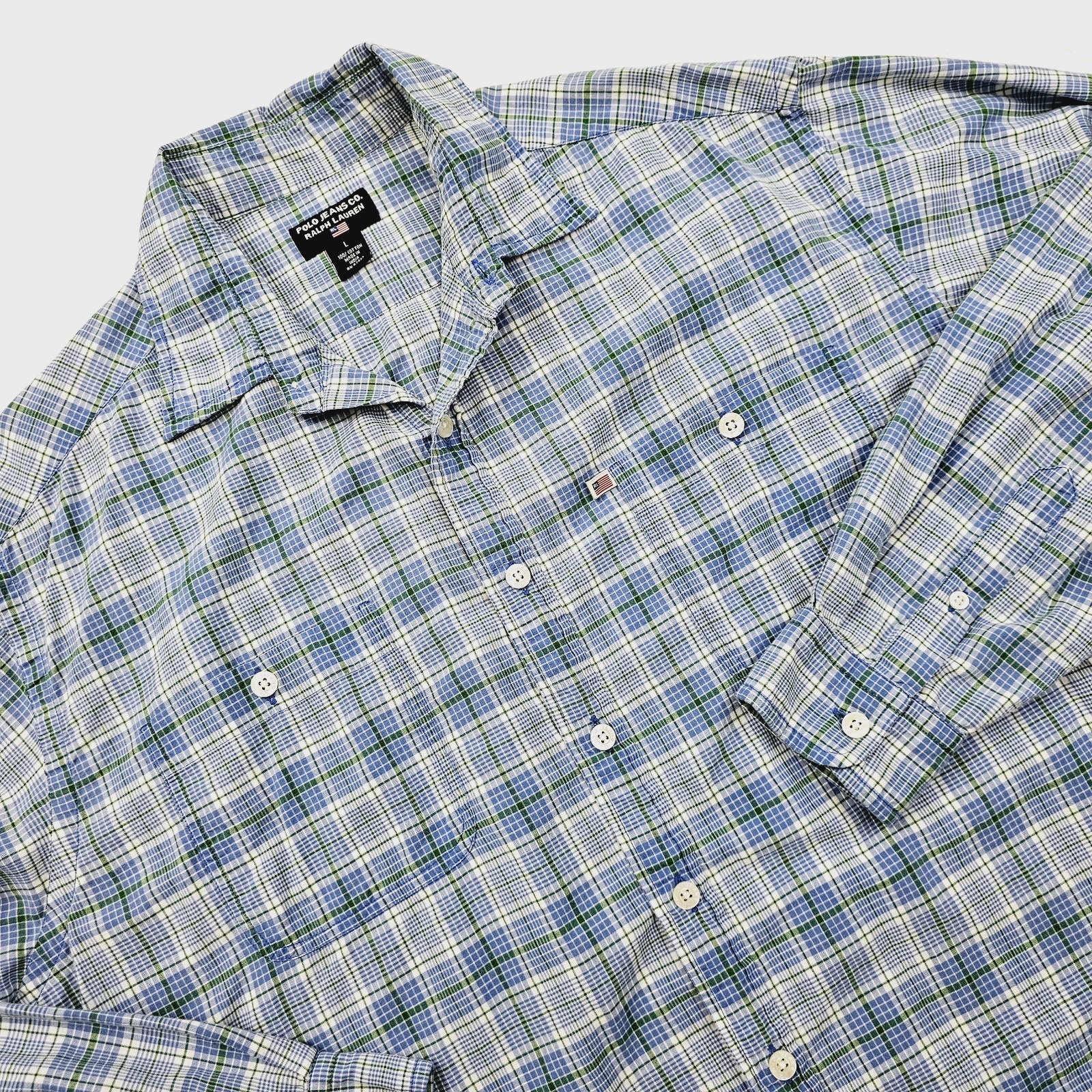 Polo Jeans Co Ralph Lauren Mens Large Button Up Shirt Plaid Flag Logo Blue Green